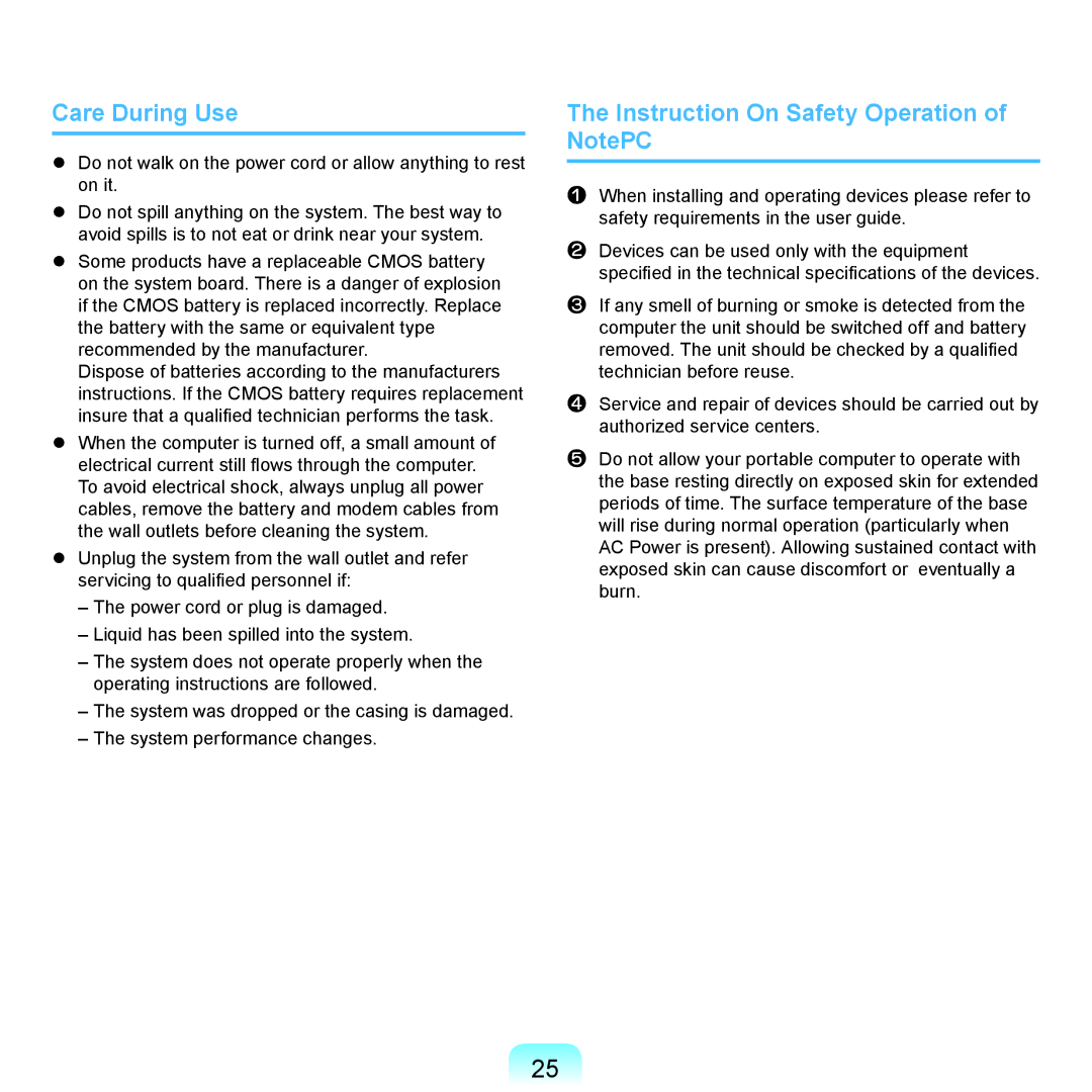 Samsung NP-P580-JA01CZ, NP-P480-JS02DE, NP-X125-JA01AT manual Care During Use, Instruction On Safety Operation of NotePC 