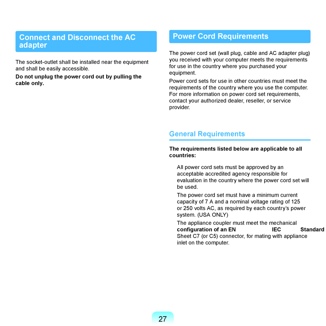 Samsung NP-P580-JA01SE manual Connect and Disconnect the AC adapter, Power Cord Requirements, General Requirements 