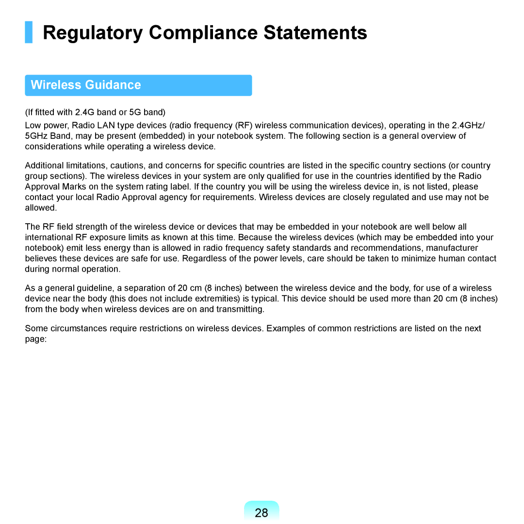 Samsung NP-P580-JA02SE, NP-P480-JS02DE, NP-X125-JA01AT, NP-P580-JS01AT Regulatory Compliance Statements, Wireless Guidance 