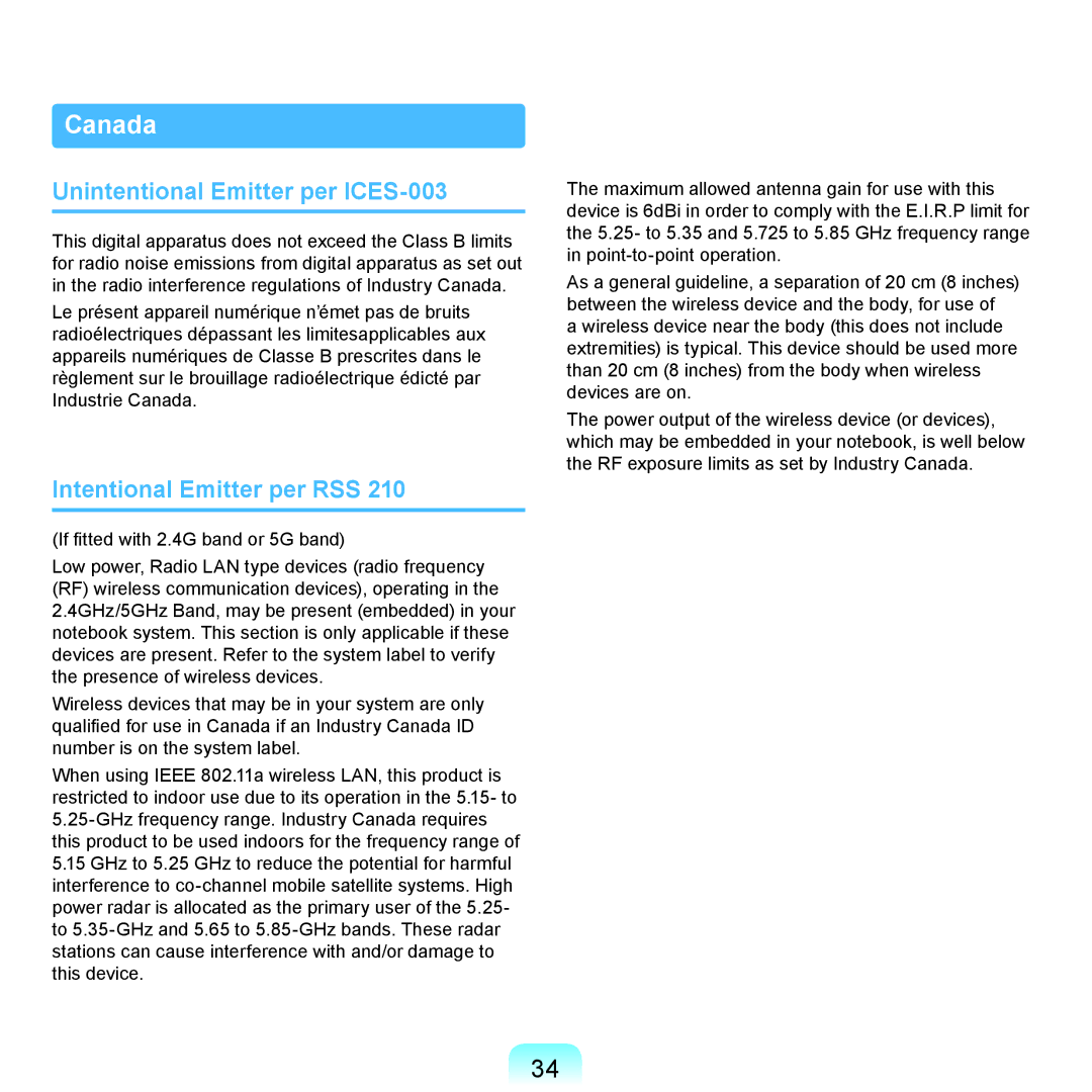 Samsung NP-P580-JA01DE, NP-P480-JS02DE manual Canada, Unintentional Emitter per ICES-003, Intentional Emitter per RSS 