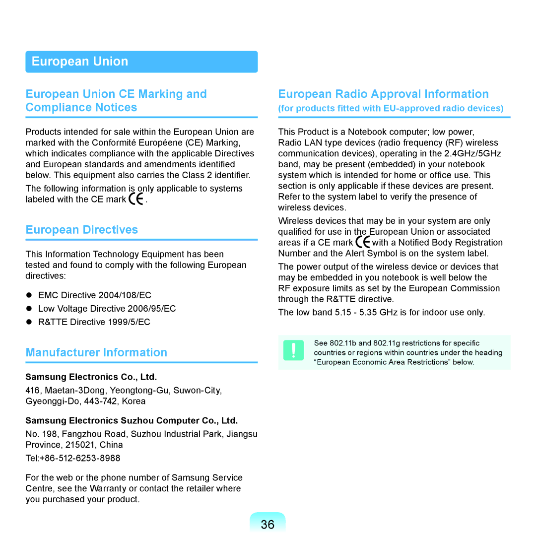 Samsung NP-P580-JA02DE European Union CE Marking and Compliance Notices, European Directives, Manufacturer Information 