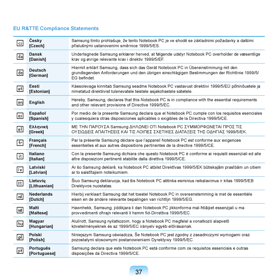 Samsung NP-P580-JA03DE Česky, Czech, Dansk, Danish, Deutsch, German, Eesti, Estonian, English, Español, Spanish, Ελληνική 