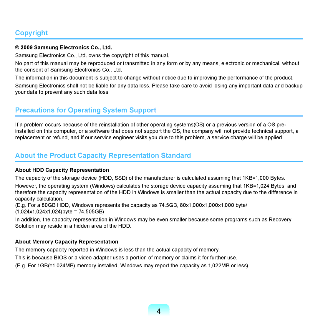 Samsung NP-P480-JS02AT manual Copyright, Precautions for Operating System Support, About HDD Capacity Representation 