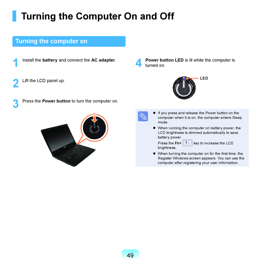 Samsung NP-P580-JS01IT, NP-P480-JS02DE, NP-X125-JA01AT manual Turning the Computer On and Off, Turning the computer on 