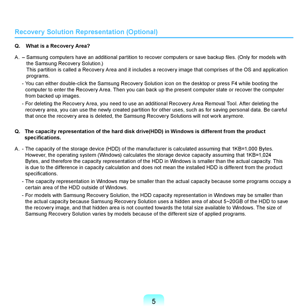 Samsung NP-P580-JA02DE, NP-P480-JS02DE, NP-X125-JA01AT Recovery Solution Representation Optional, What is a Recovery Area? 