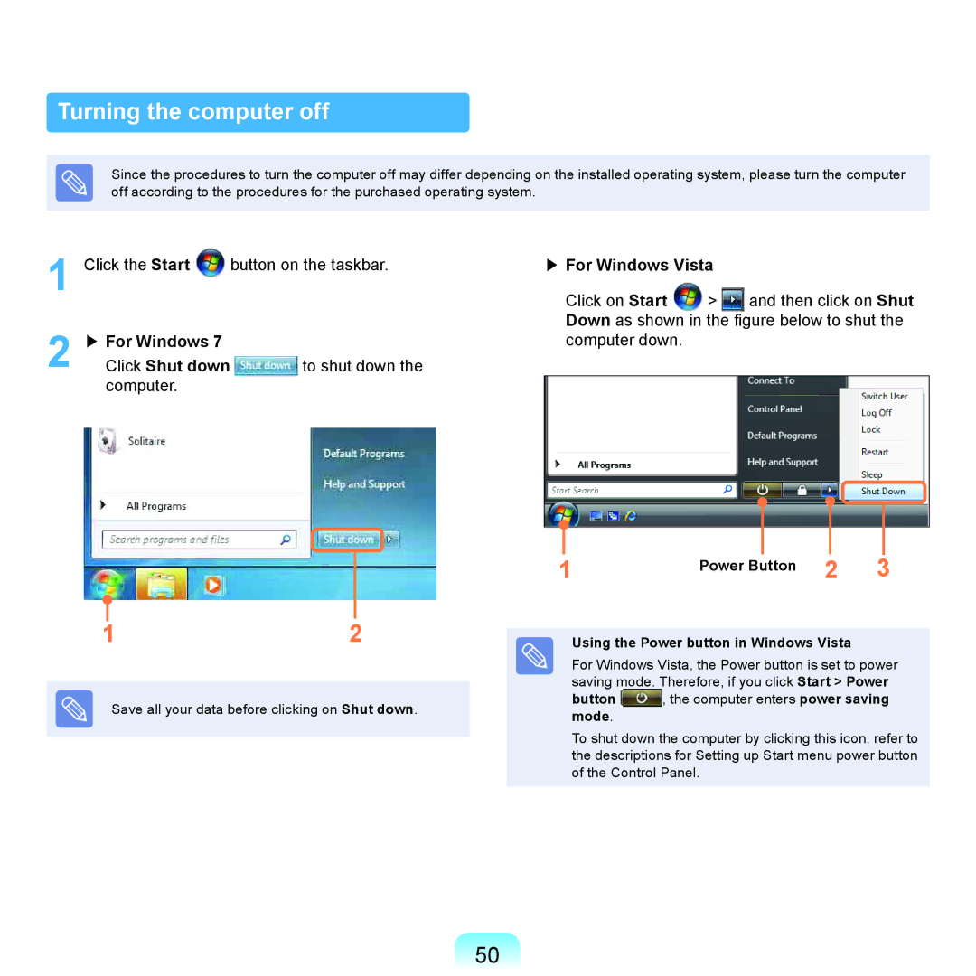Samsung NP-P580-JS04IT manual Turning the computer off, For Windows Click Shut down To shut down, For Windows Vista 