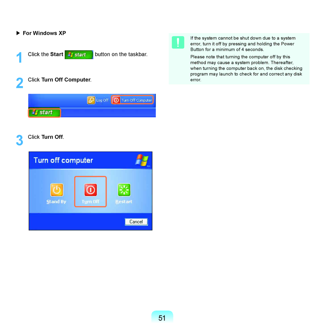 Samsung NP-P580-JA04IT, NP-P480-JS02DE, NP-X125-JA01AT, NP-P580-JS01AT manual For Windows XP, Click Turn Off Computer 