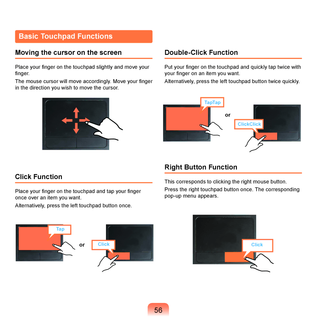 Samsung NP-P580-JA01CZ, NP-P480-JS02DE Basic Touchpad Functions, Moving the cursor on the screen, Double-Click Function 