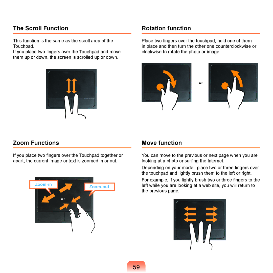 Samsung NP-P580-JA02SE, NP-P480-JS02DE, NP-X125-JA01AT Scroll Function, Zoom Functions, Rotation function, Move function 