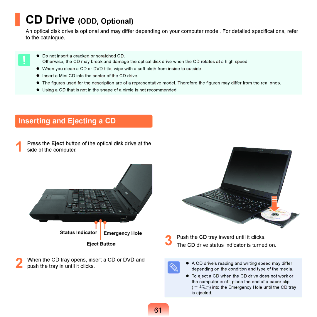 Samsung NP-X125-JA01IL, NP-P480-JS02DE manual Inserting and Ejecting a CD, Status Indicator Emergency Hole, Eject Button 