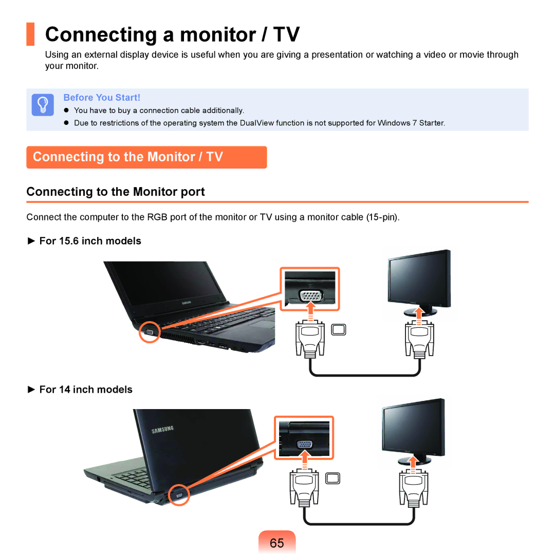 Samsung NP-P580-JA01DE manual Connecting a monitor / TV, Connecting to the Monitor / TV, Connecting to the Monitor port 