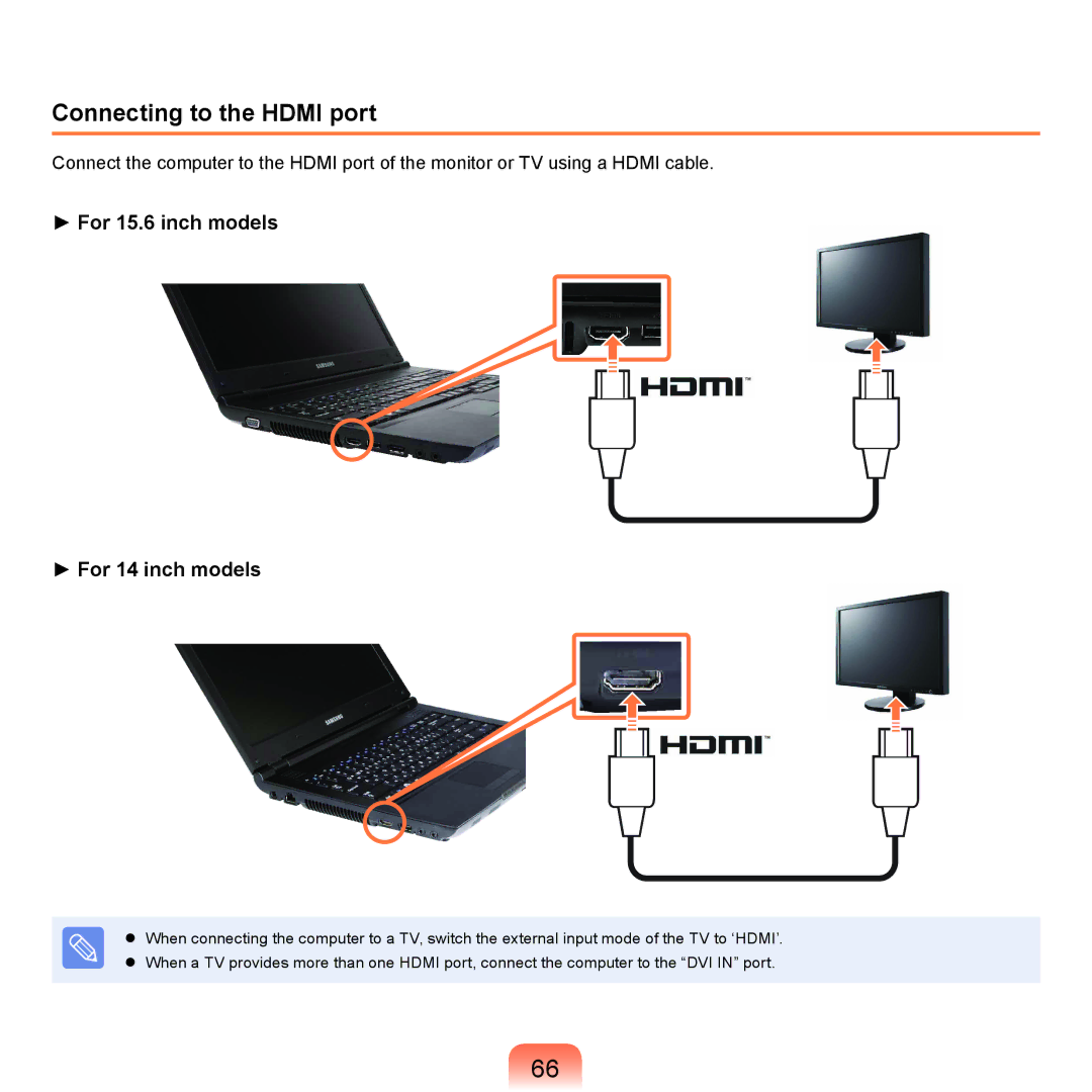 Samsung NP-P480-JS02AT, NP-P480-JS02DE, NP-X125-JA01AT, NP-P580-JS01AT, NP-P580-JA01DE manual Connecting to the Hdmi port 