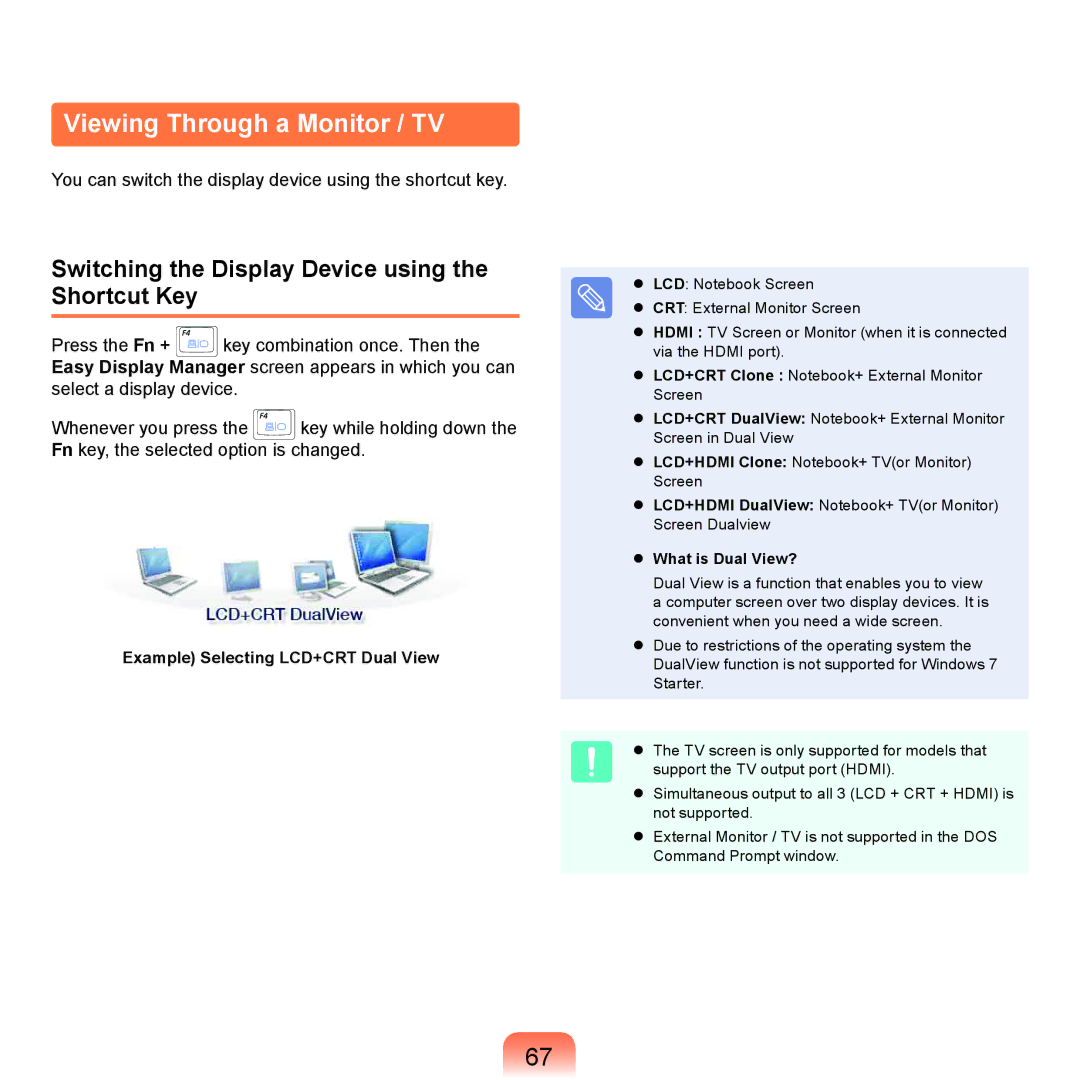 Samsung NP-P580-JA02DE, NP-P480-JS02DE Viewing Through a Monitor / TV, Switching the Display Device using the Shortcut Key 