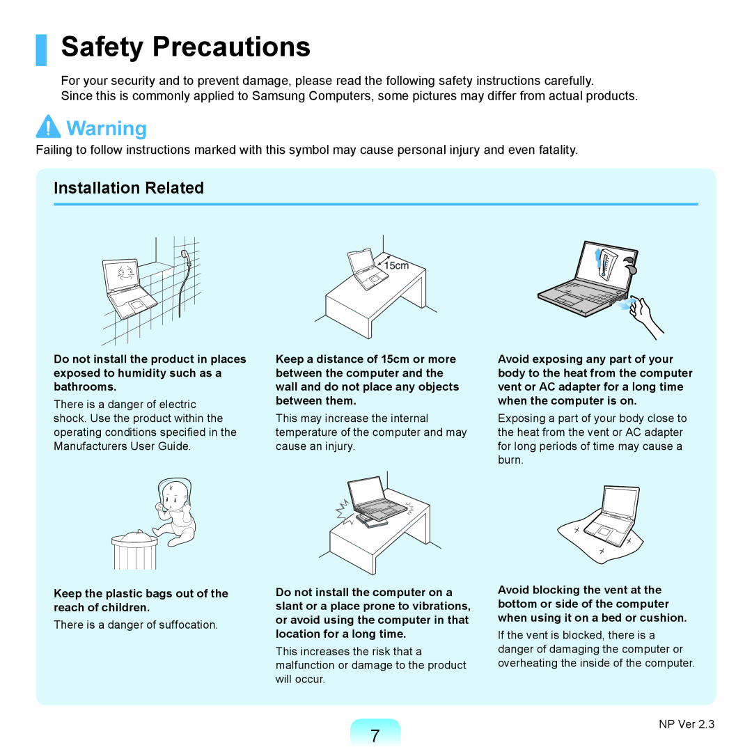 Samsung NP-P580-JS05AT manual Safety Precautions, Installation Related, Keep the plastic bags out of the reach of children 