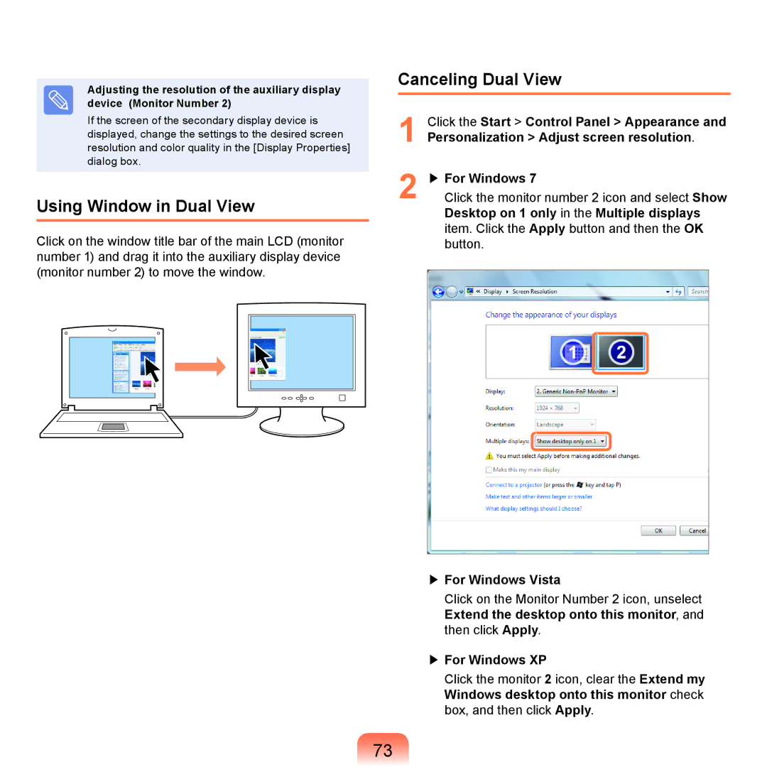 Samsung NP-P480-JS01DE, NP-P480-JS02DE, NP-X125-JA01AT, NP-P580-JS01AT manual Using Window in Dual View, Canceling Dual View 