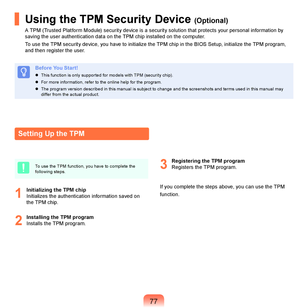 Samsung NP-P580-JS01DE manual Using the TPM Security Device Optional, Setting Up the TPM, Initializing the TPM chip 