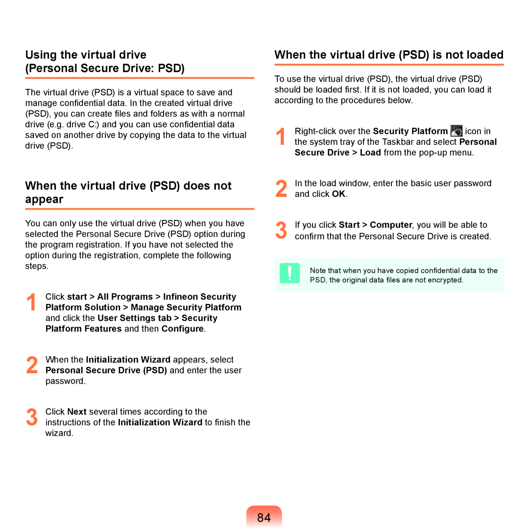 Samsung NP-X125-HAW1IT manual Using the virtual drive Personal Secure Drive PSD, When the virtual drive PSD does not appear 