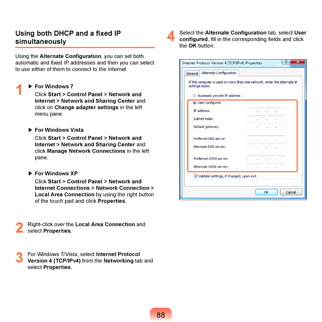 Samsung NP-X125-JA02SE, NP-P480-JS02DE, NP-X125-JA01AT, NP-P580-JS01AT manual Using both Dhcp and a fixed IP simultaneously 