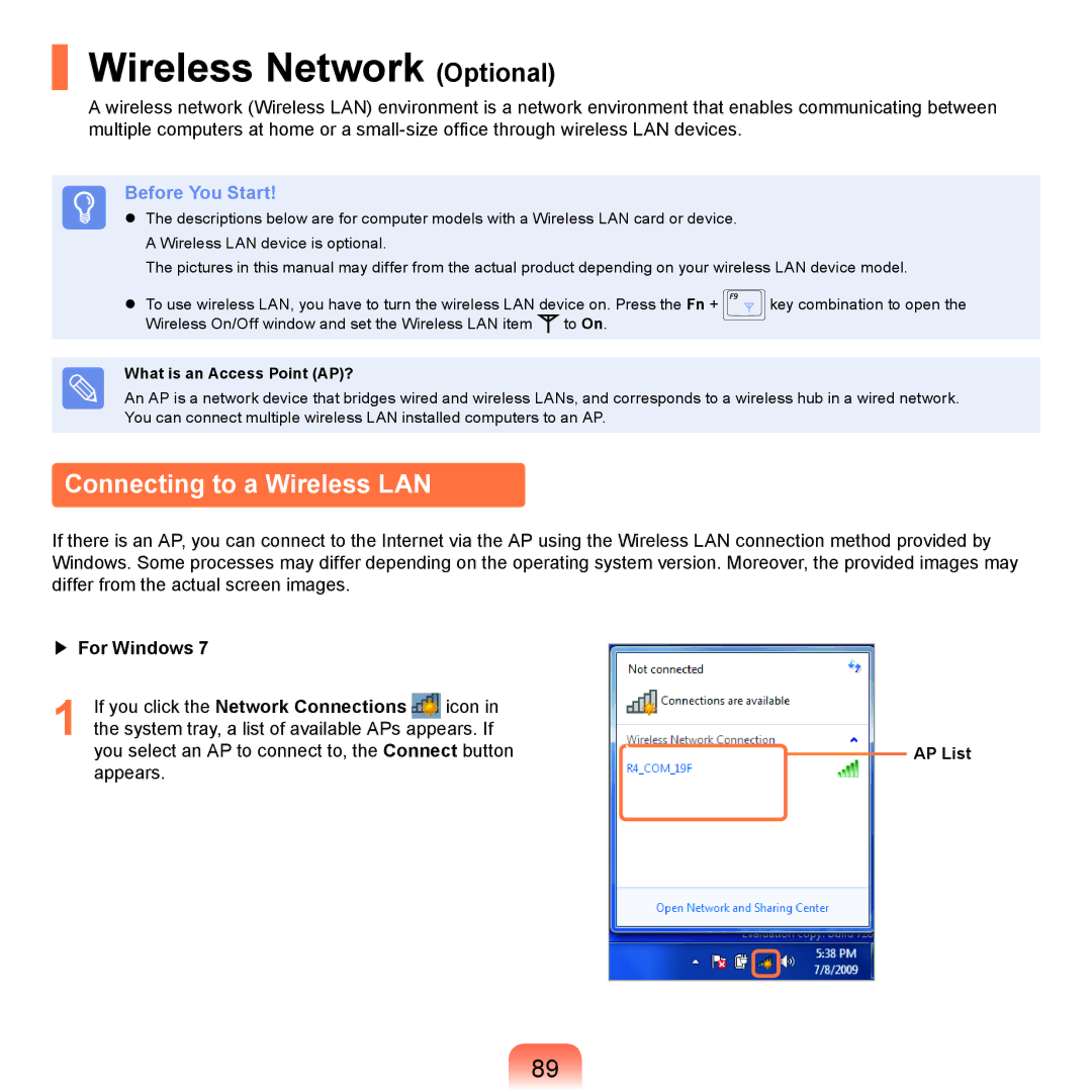 Samsung NP-P580-JA01SE manual Wireless Network Optional, Connecting to a Wireless LAN, AP List, What is an Access Point AP? 