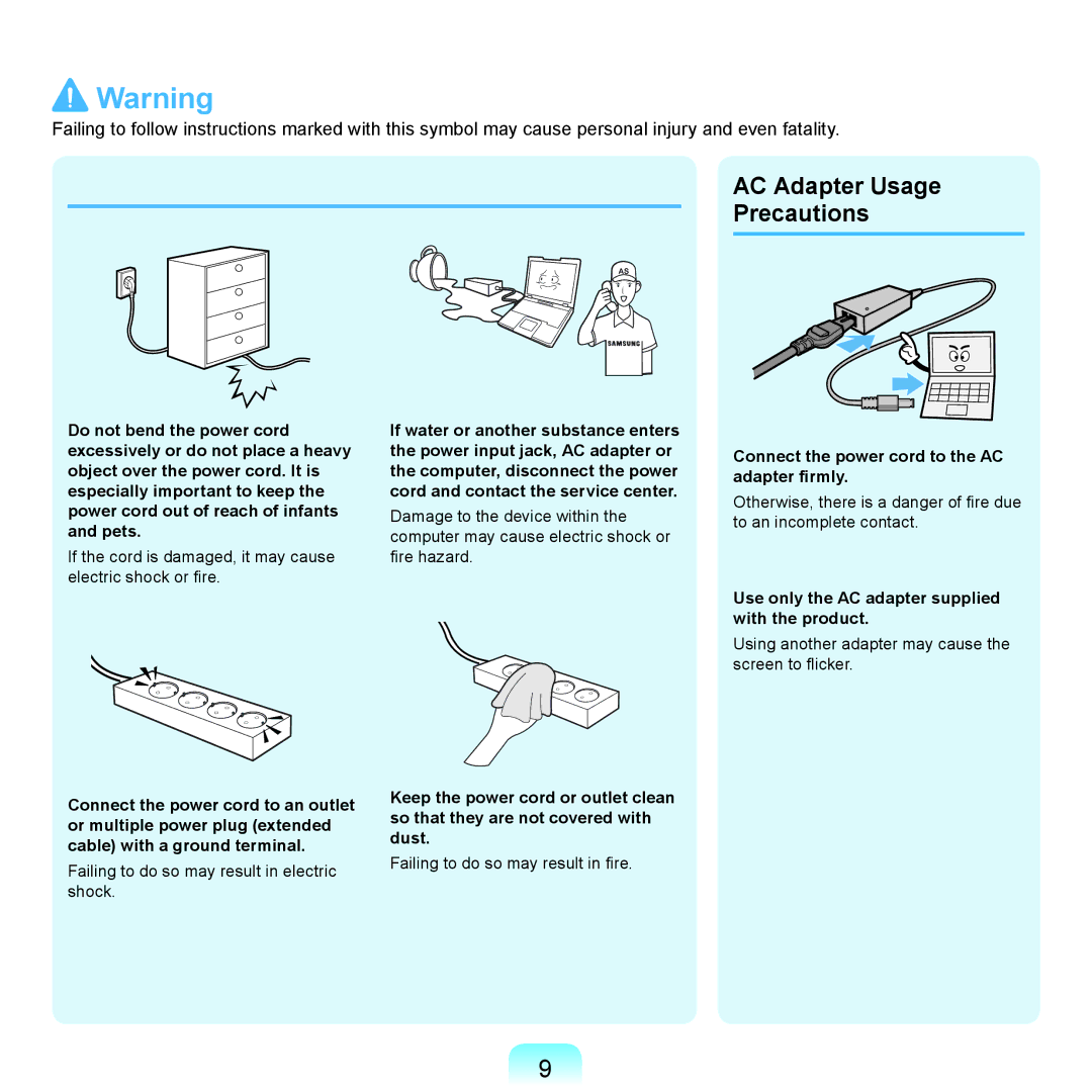 Samsung NP-P580-JA01AT, NP-P480-JS02DE manual AC Adapter Usage Precautions, Connect the power cord to the AC adapter firmly 