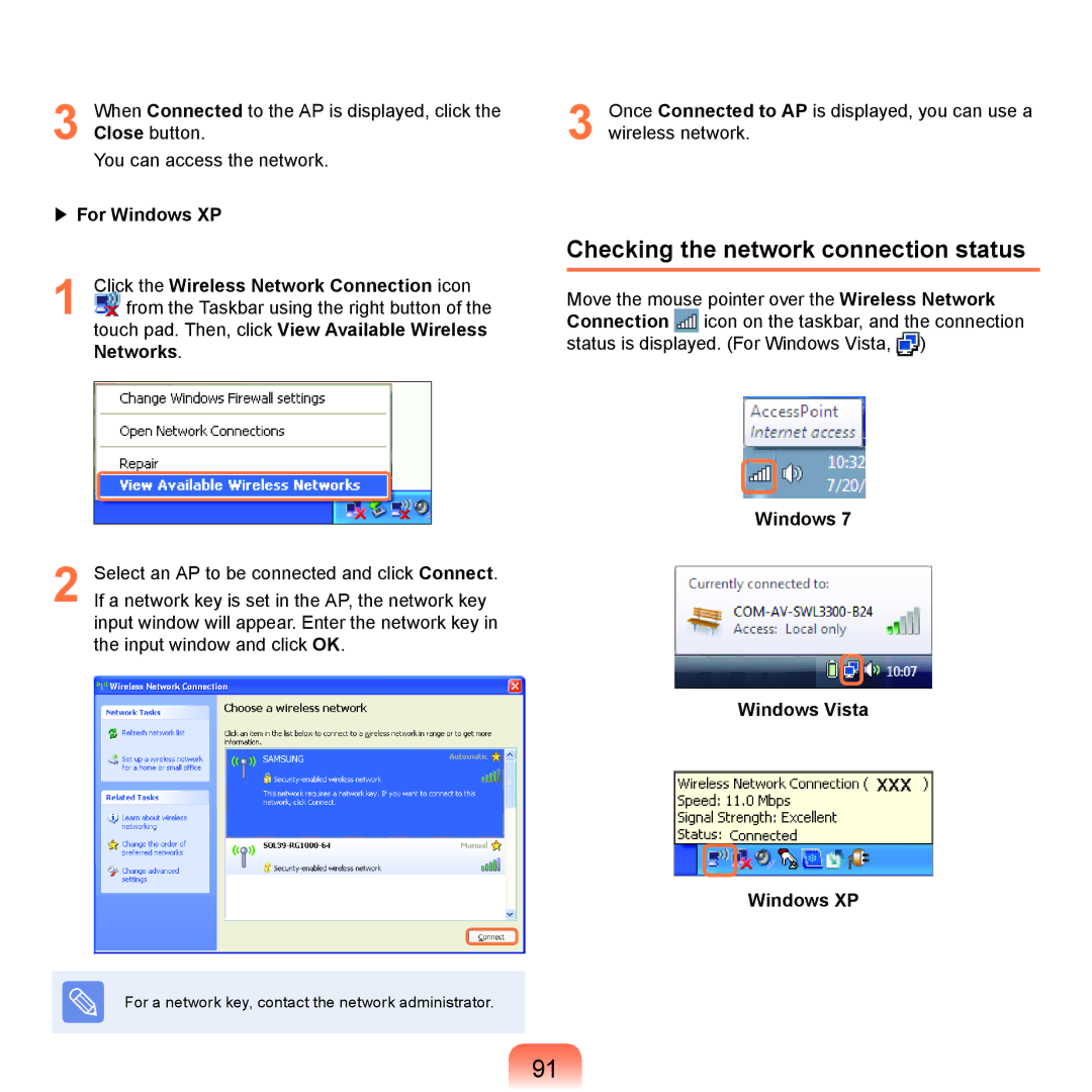 Samsung NP-X125-JA01SE Checking the network connection status, For Windows XP Click the Wireless Network Connection icon 