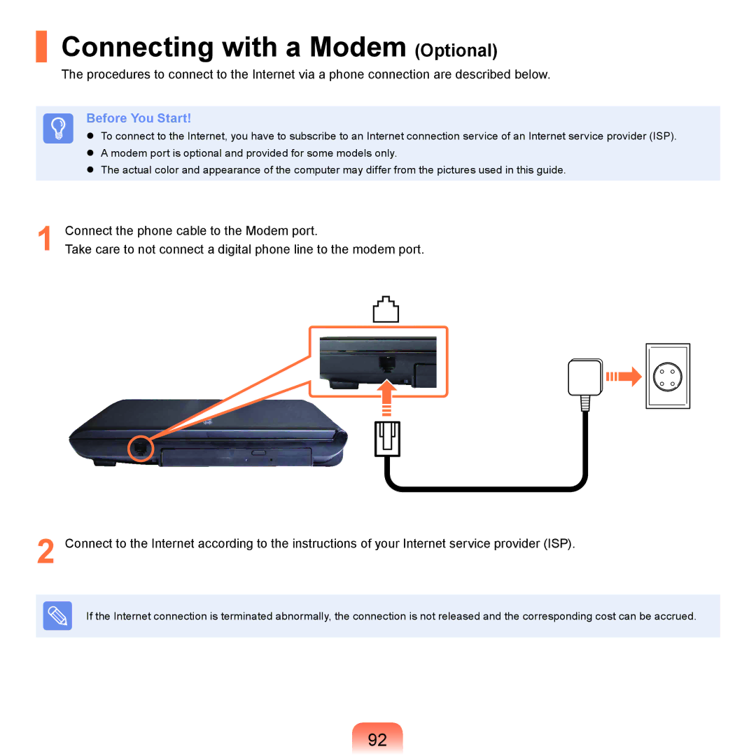 Samsung NP-X125-JA01IL, NP-P480-JS02DE, NP-X125-JA01AT, NP-P580-JS01AT, NP-P580-JA01DE manual Connecting with a Modem Optional 