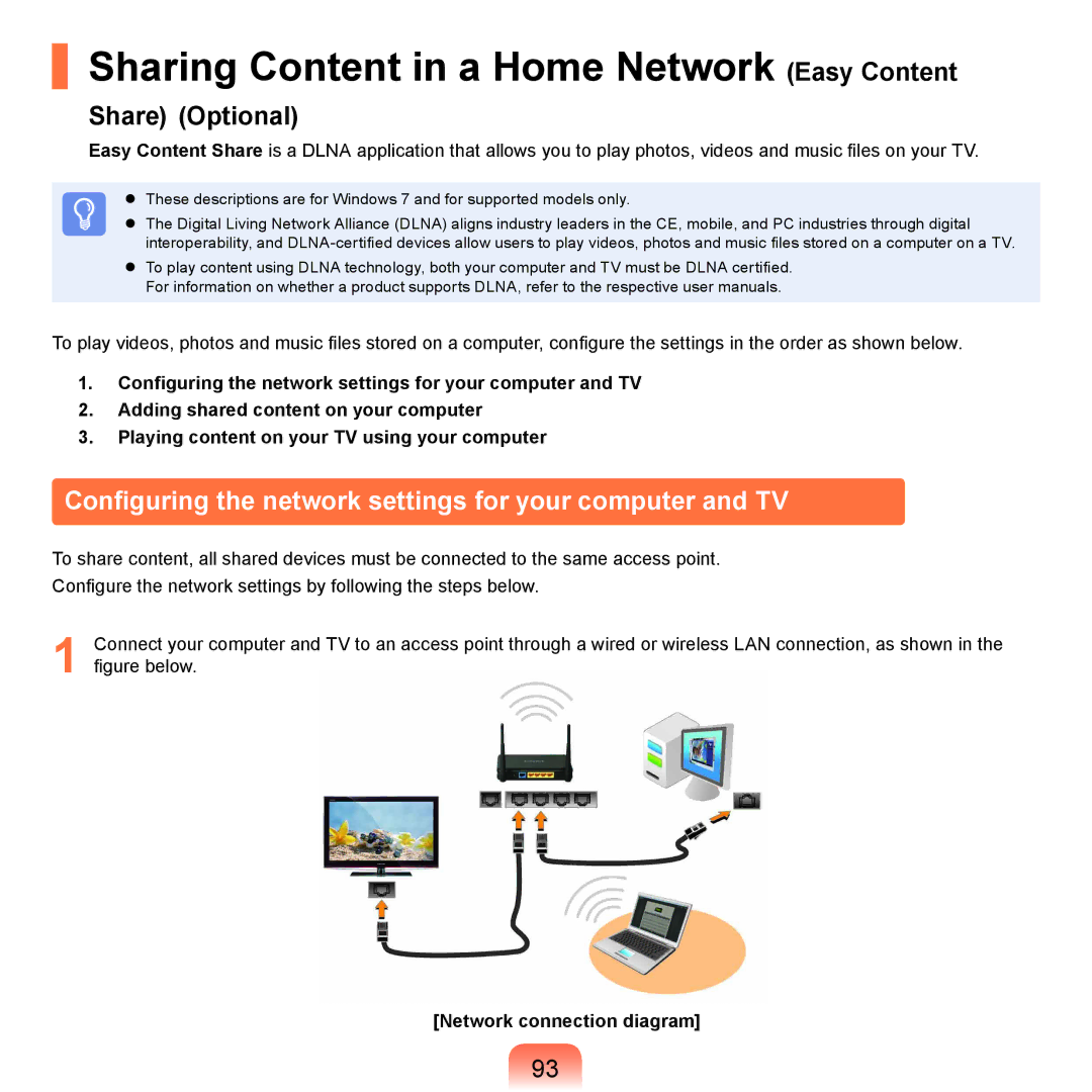 Samsung NP-P480-JS02DE, NP-X125-JA01AT manual Sharing Content in a Home Network Easy Content, Network connection diagram 