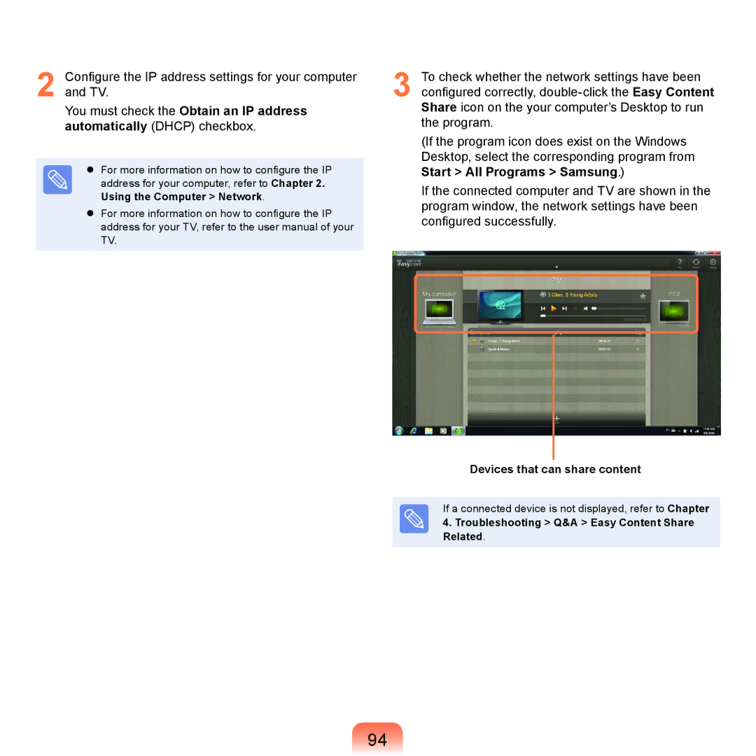 Samsung NP-X125-JA01AT, NP-P480-JS02DE manual Devices that can share content, Troubleshooting Q&A Easy Content Share Related 