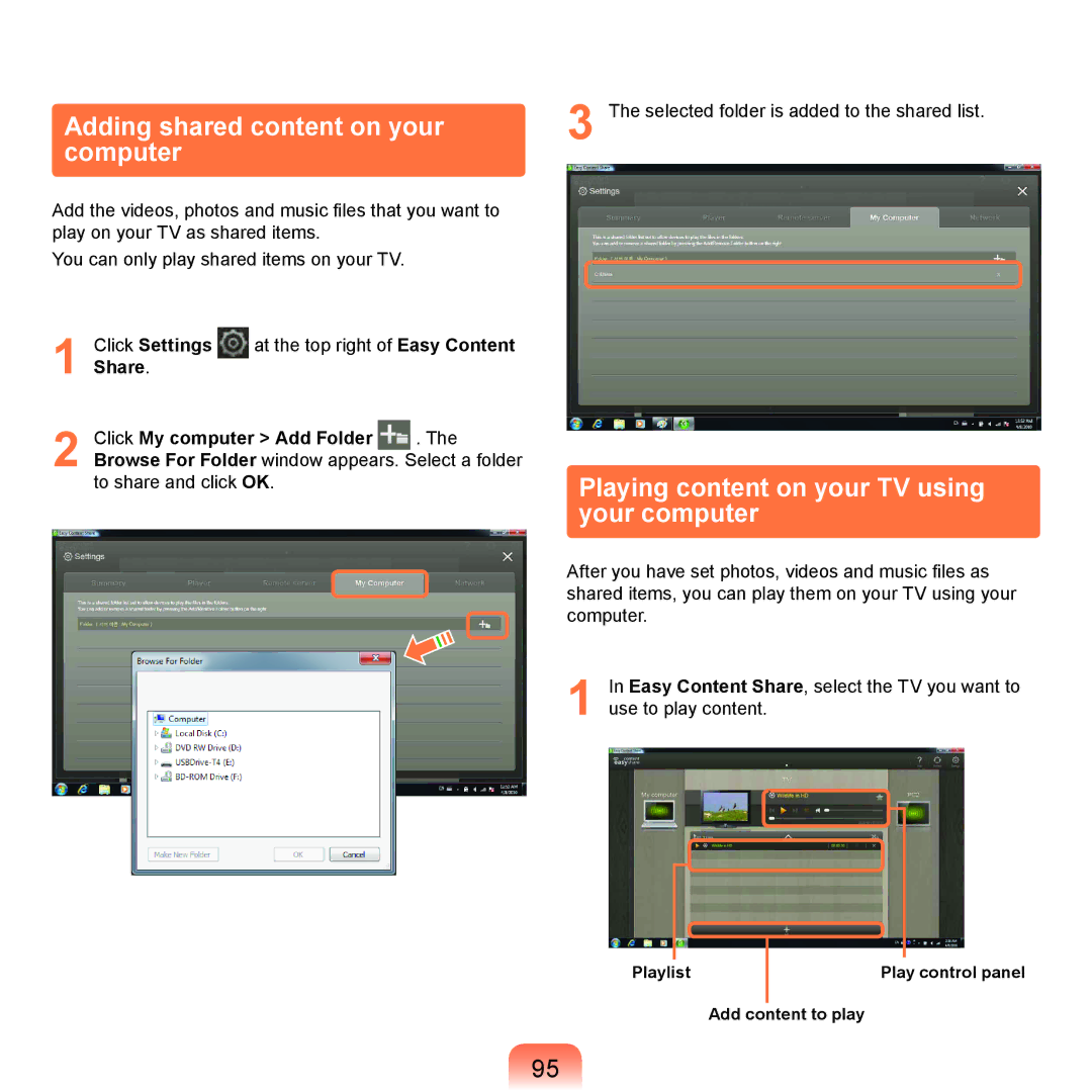 Samsung NP-P580-JS01AT manual Adding shared content on your computer, Playing content on your TV using your computer 