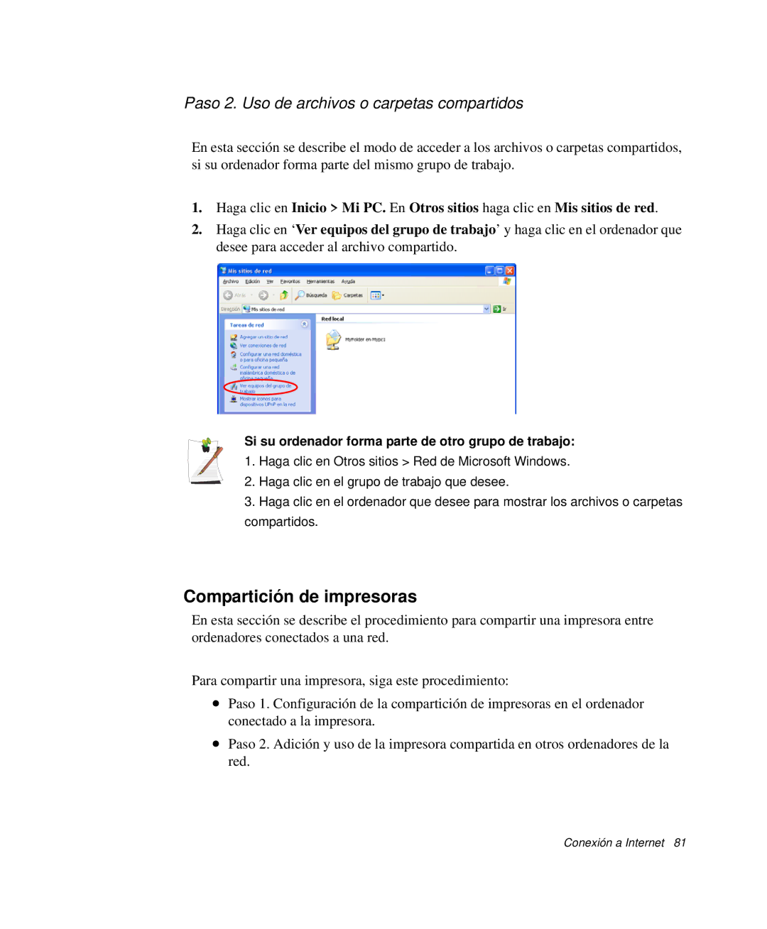 Samsung NP-P50KV00/SES, NP-P50K000/SES manual Compartición de impresoras, Paso 2. Uso de archivos o carpetas compartidos 