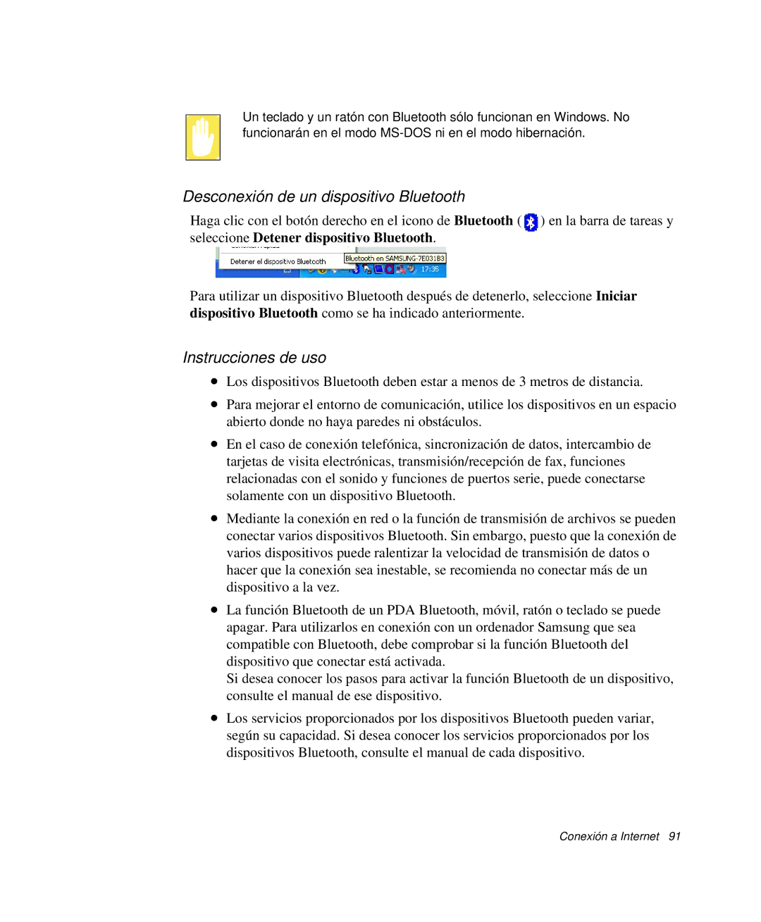 Samsung NP-P50KV00/SES, NP-P50K000/SES, NP-P50CV02/SES manual Desconexión de un dispositivo Bluetooth, Instrucciones de uso 