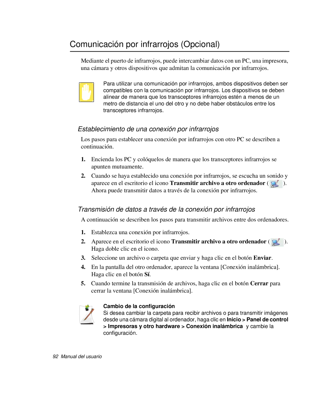 Samsung NP-P50K000/SES manual Comunicación por infrarrojos Opcional, Establecimiento de una conexión por infrarrojos 