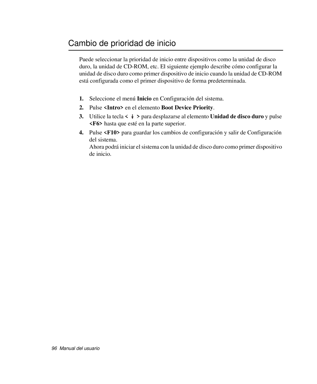 Samsung NP-P50KV00/SES, NP-P50K000/SES manual Cambio de prioridad de inicio, Pulse Intro en el elemento Boot Device Priority 