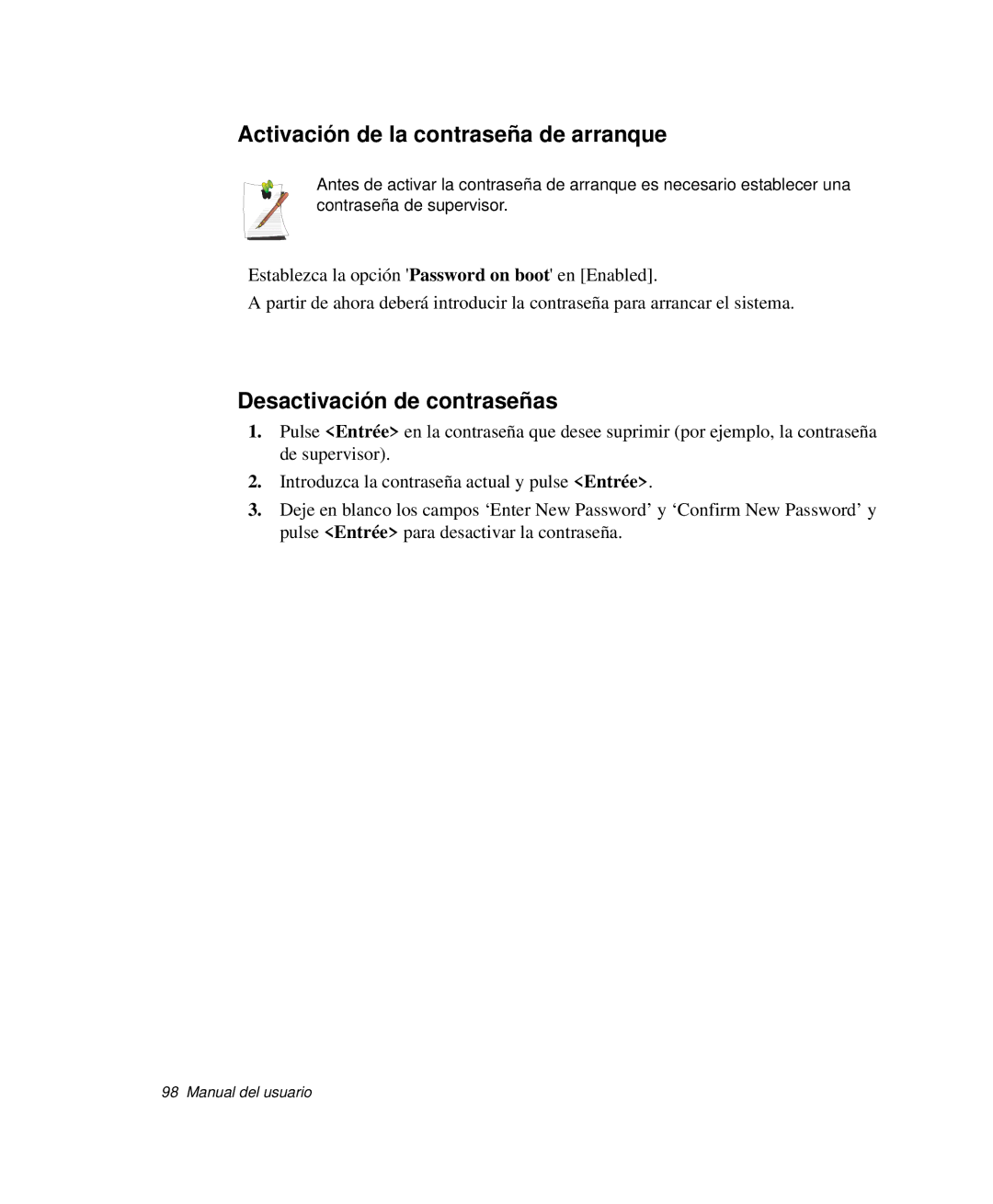 Samsung NP-P50CV02/SES, NP-P50KV00/SES manual Activación de la contraseña de arranque, Desactivación de contraseñas 