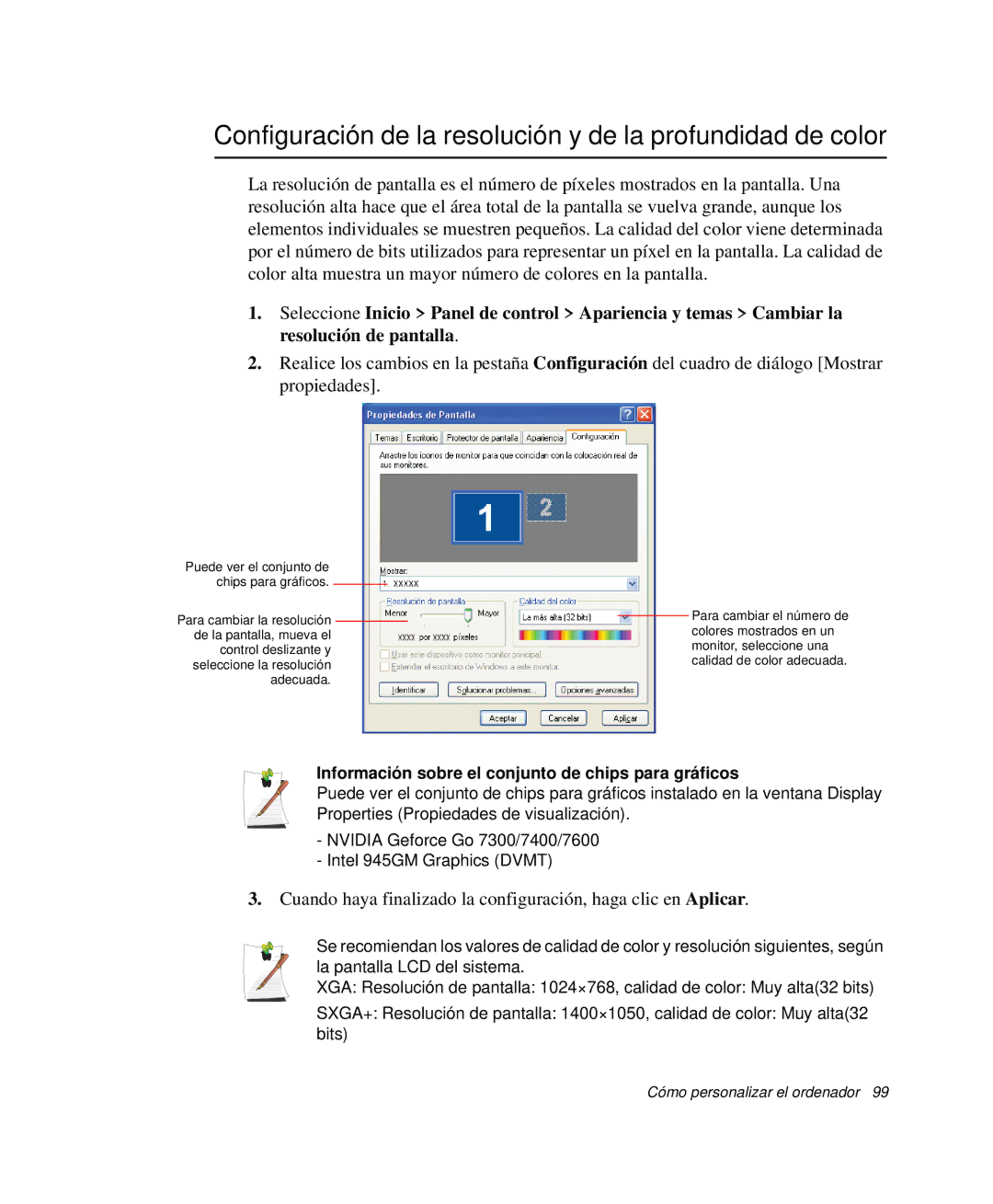 Samsung NP-P50CV01/SES, NP-P50KV00/SES, NP-P50K000/SES manual Configuración de la resolución y de la profundidad de color 