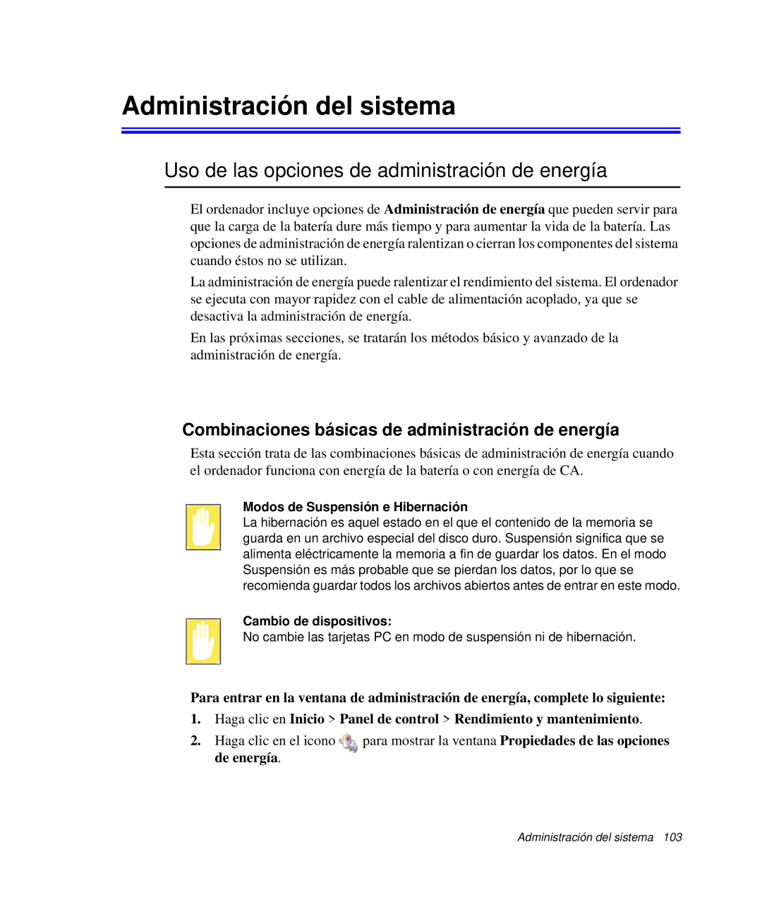 Samsung NP-P50CV02/SES, NP-P50KV00/SES manual Administración del sistema, Uso de las opciones de administración de energía 