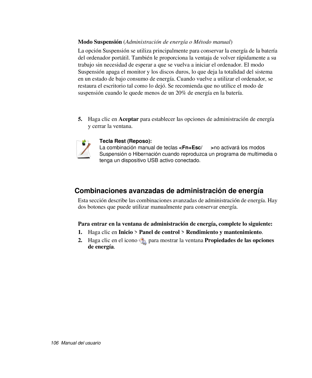 Samsung NP-P50KV00/SES, NP-P50K000/SES manual Combinaciones avanzadas de administración de energía, Tecla Rest Reposo 