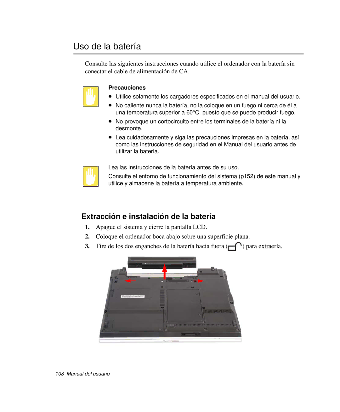 Samsung NP-P50CV02/SES, NP-P50KV00/SES manual Uso de la batería, Extracción e instalación de la batería, Precauciones 