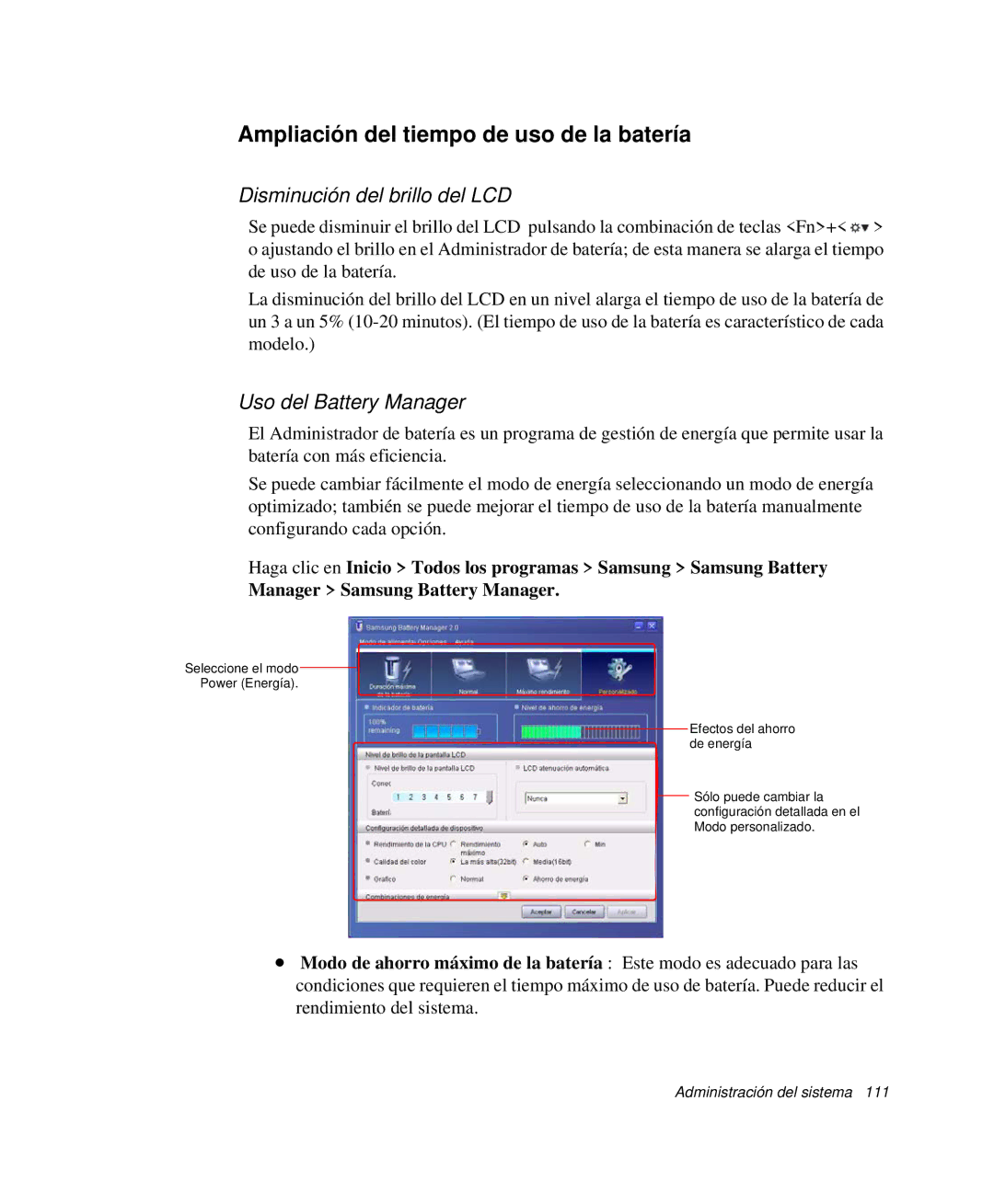 Samsung NP-P50KV00/SES Ampliación del tiempo de uso de la batería, Disminución del brillo del LCD, Uso del Battery Manager 