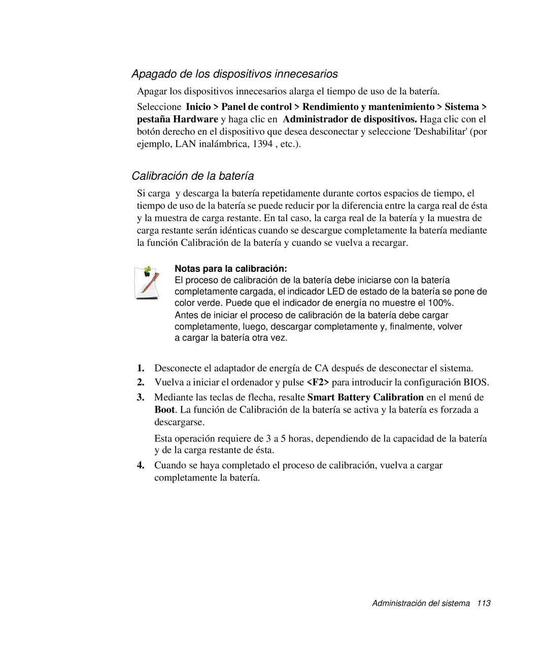 Samsung NP-P50CV02/SES Apagado de los dispositivos innecesarios, Calibración de la batería, Notas para la calibración 