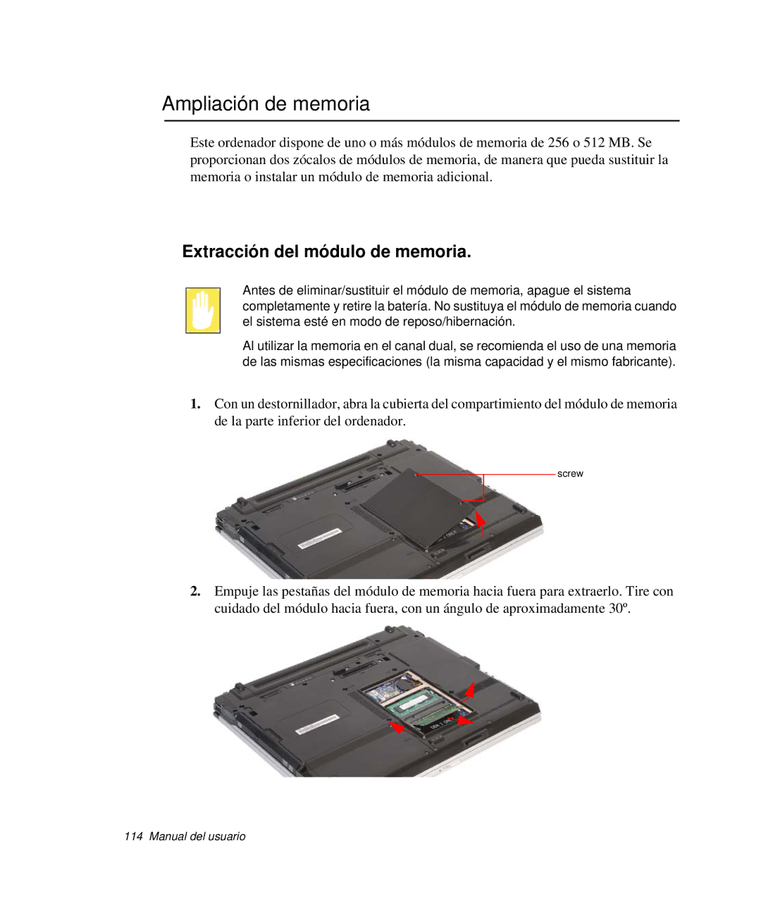 Samsung NP-P50CV01/SES, NP-P50KV00/SES, NP-P50K000/SES manual Ampliación de memoria, Extracción del módulo de memoria 