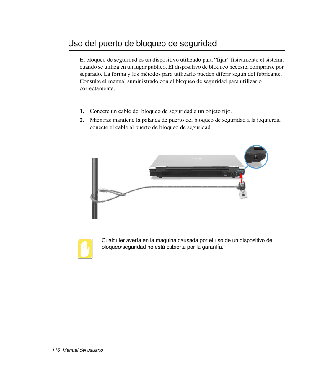 Samsung NP-P50KV00/SES, NP-P50K000/SES, NP-P50CV02/SES, NP-P50CV01/SES, NP-P50T000/SES Uso del puerto de bloqueo de seguridad 