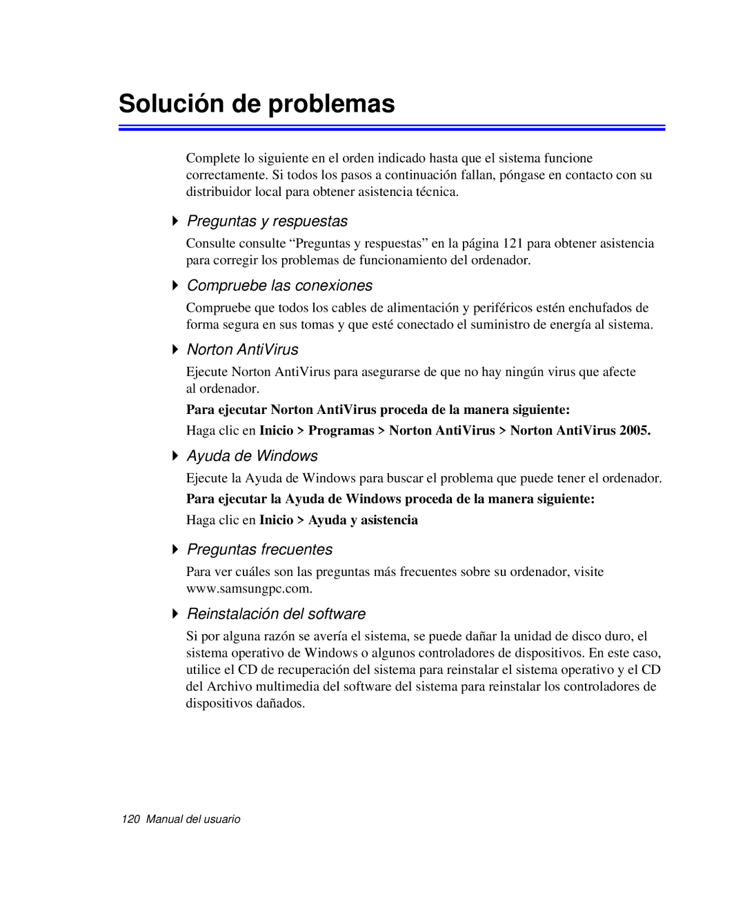 Samsung NP-P50T000/SES, NP-P50KV00/SES, NP-P50K000/SES, NP-P50CV02/SES, NP-P50CV01/SES manual Solución de problemas 