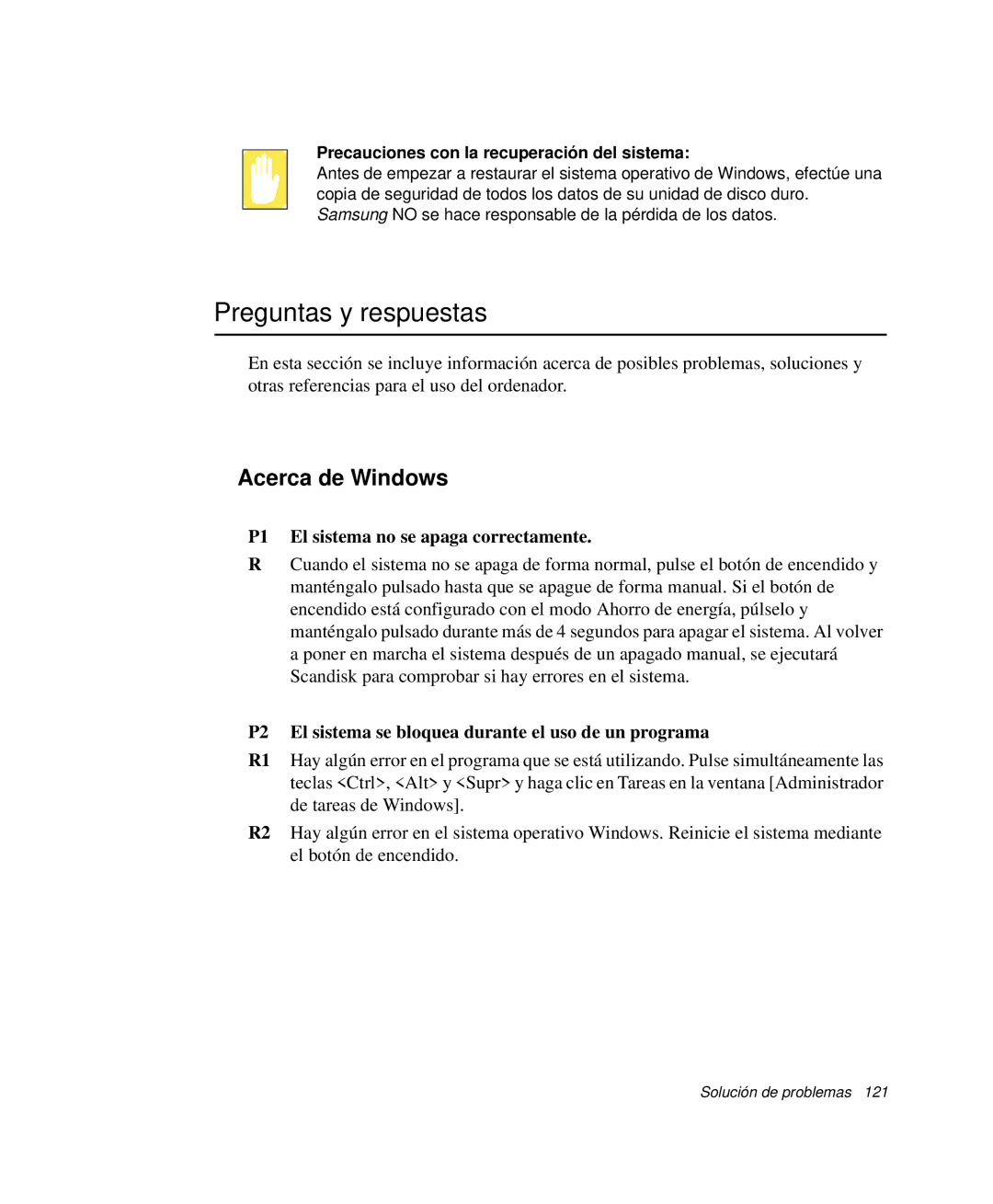 Samsung NP-P50KV00/SES, NP-P50K000/SES Preguntas y respuestas, Acerca de Windows, P1 El sistema no se apaga correctamente 