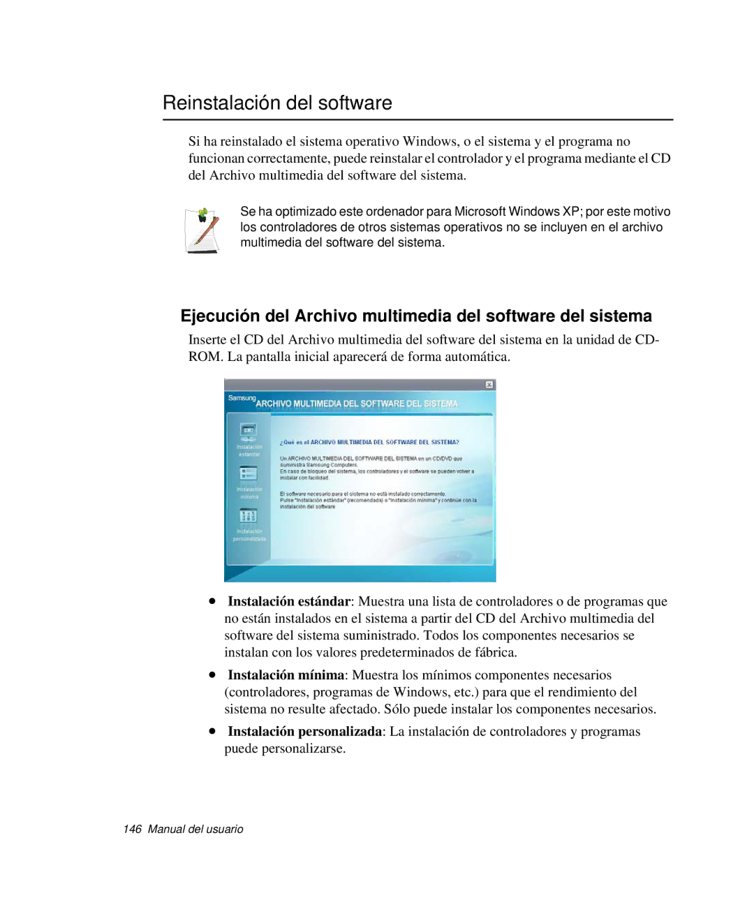 Samsung NP-P50KV00/SES manual Reinstalación del software, Ejecución del Archivo multimedia del software del sistema 