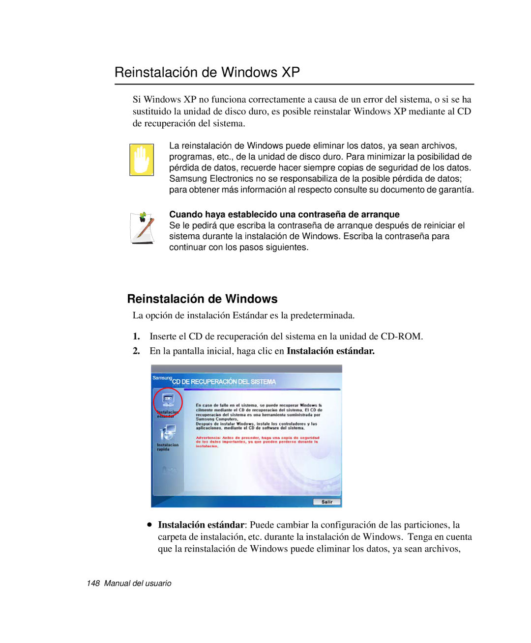 Samsung NP-P50CV02/SES, NP-P50KV00/SES Reinstalación de Windows XP, Cuando haya establecido una contraseña de arranque 