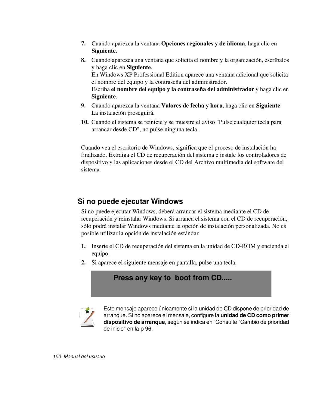 Samsung NP-P50T000/SES, NP-P50KV00/SES, NP-P50K000/SES manual Si no puede ejecutar Windows, Press any key to boot from CD 