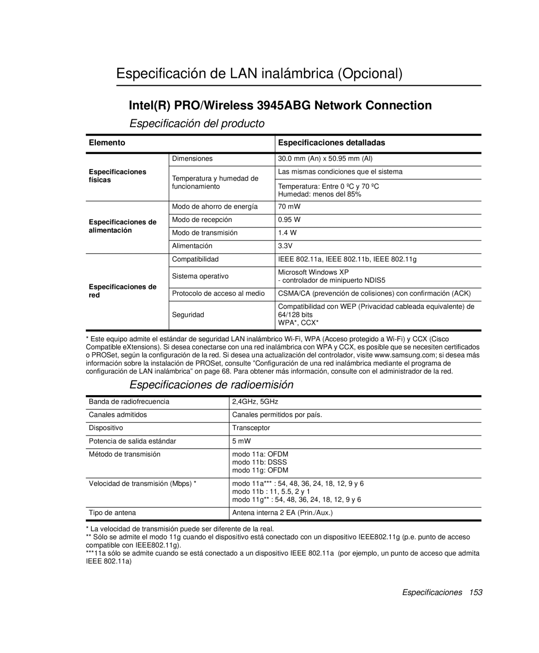 Samsung NP-P50CV02/SES manual Especificación de LAN inalámbrica Opcional, IntelR PRO/Wireless 3945ABG Network Connection 