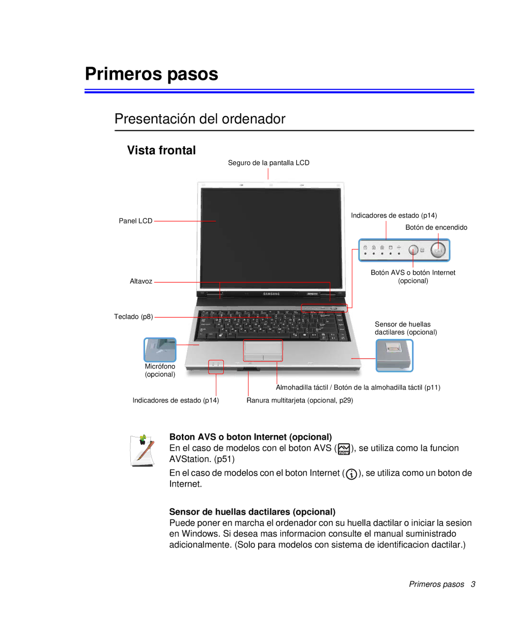 Samsung NP-P50CV02/SES Primeros pasos, Presentación del ordenador, Vista frontal, Boton AVS o boton Internet opcional 