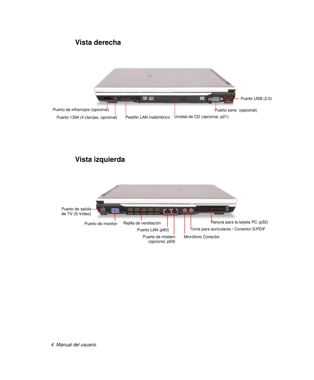 Samsung NP-P50CV01/SES, NP-P50KV00/SES, NP-P50K000/SES, NP-P50CV02/SES, NP-P50T000/SES manual Vista derecha, Vista izquierda 